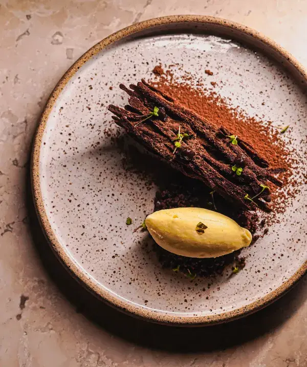 Plated chocolate dessert with fruit