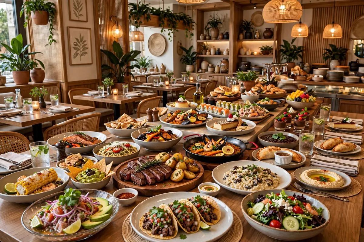 Imaginary interior of Lumbre & Sal with wooden tables, plants and warm light