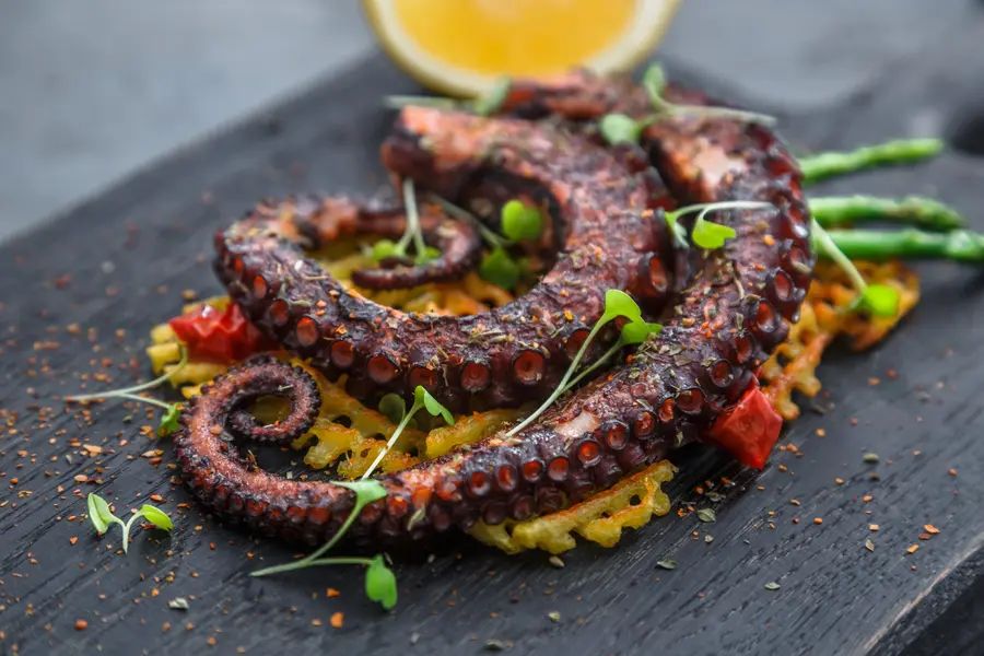 Chargrilled octopus served with fresh herbs